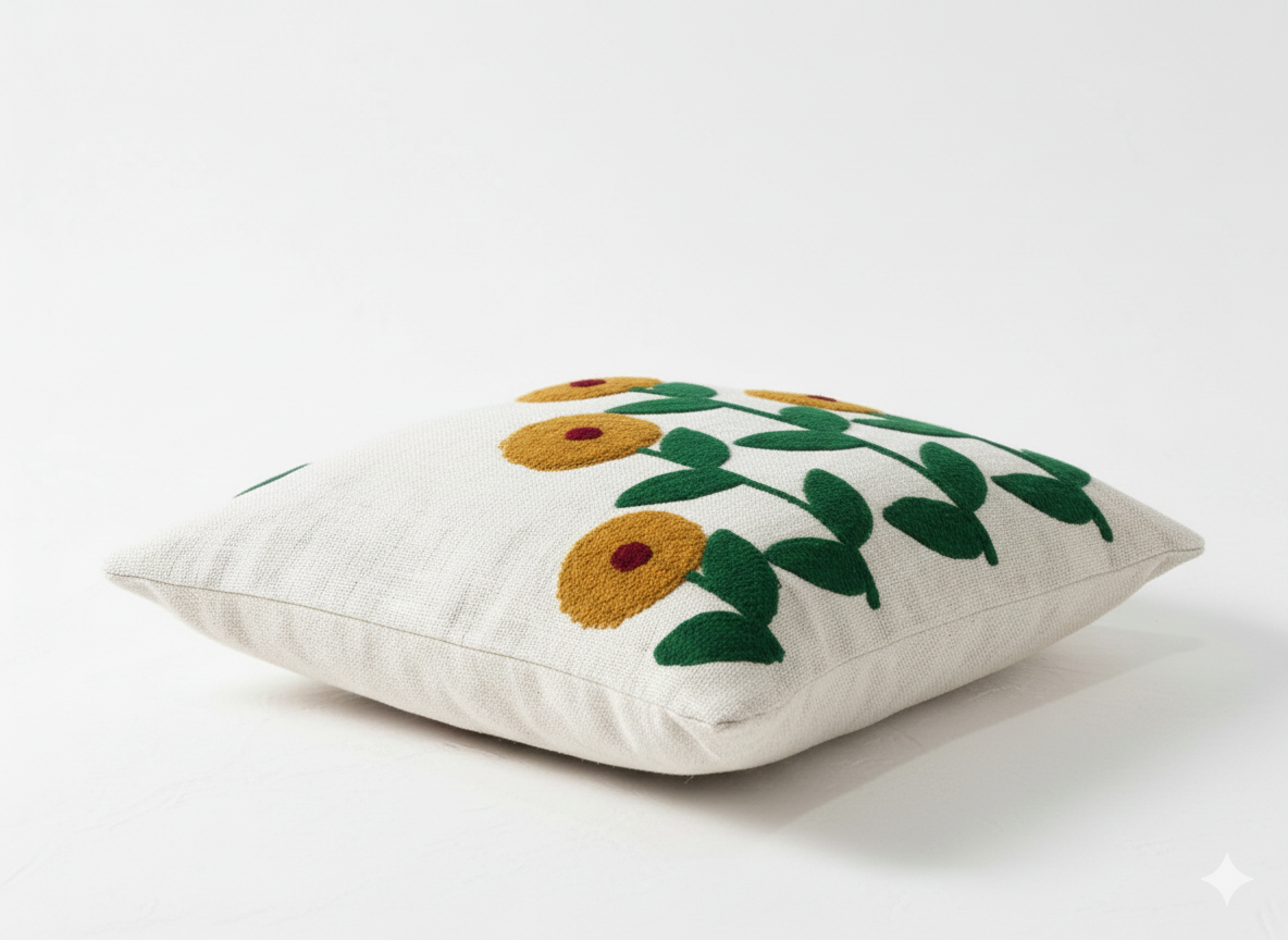 Luxury Embroidered Floral Cushion Cover – Textured Linen Decorative Sofa Pillow