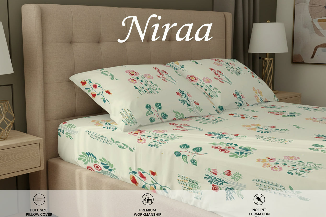 Eden Cream 100% pure cotton bedsheet set with pillow covers – NIRAA Urbanspace