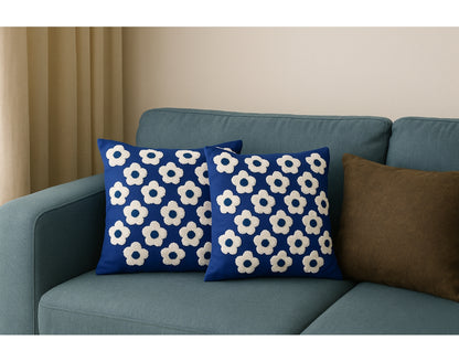 Two blue pillows with white floral patterns - 100% Cotton Embroidered