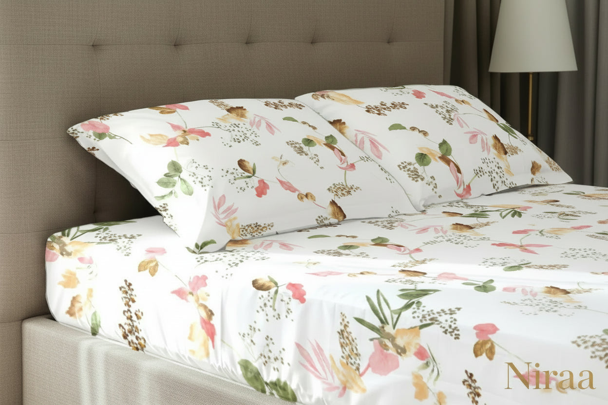 Cherry Blossom 100% pure cotton bedsheet set with pillow covers – NIRAA Urbanspace