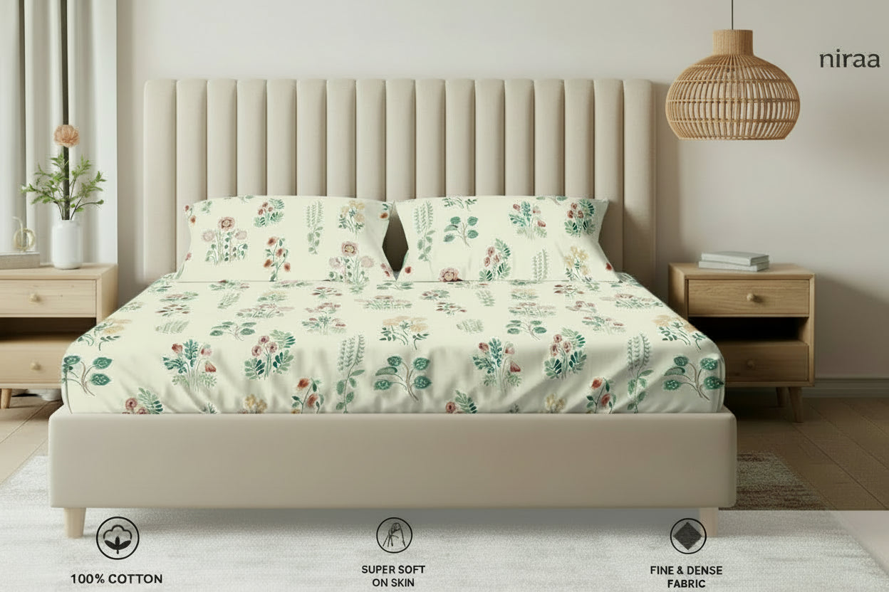 Eden Cream 100% pure cotton bedsheet set with pillow covers – NIRAA Urbanspace