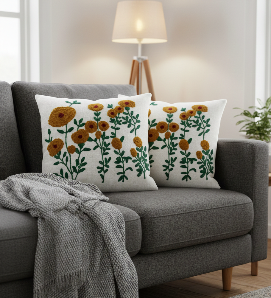 Luxury Embroidered Floral Cushion Cover – Textured Linen Decorative Sofa Pillow – Boho Farmhouse Decor for Sofa, Couch, and Living Room