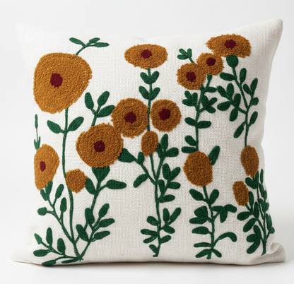 Luxury Embroidered Floral Cushion Cover – Textured Linen Decorative Sofa Pillow – Boho Farmhouse Decor for Sofa, Couch, and Living Room