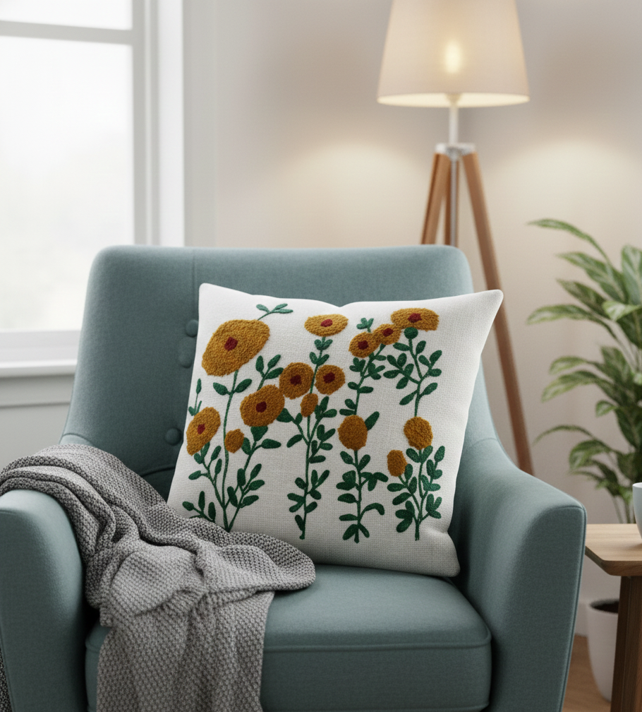 Luxury Embroidered Floral Cushion Cover – Textured Linen Decorative Sofa Pillow – Boho Farmhouse Decor for Sofa, Couch, and Living Room