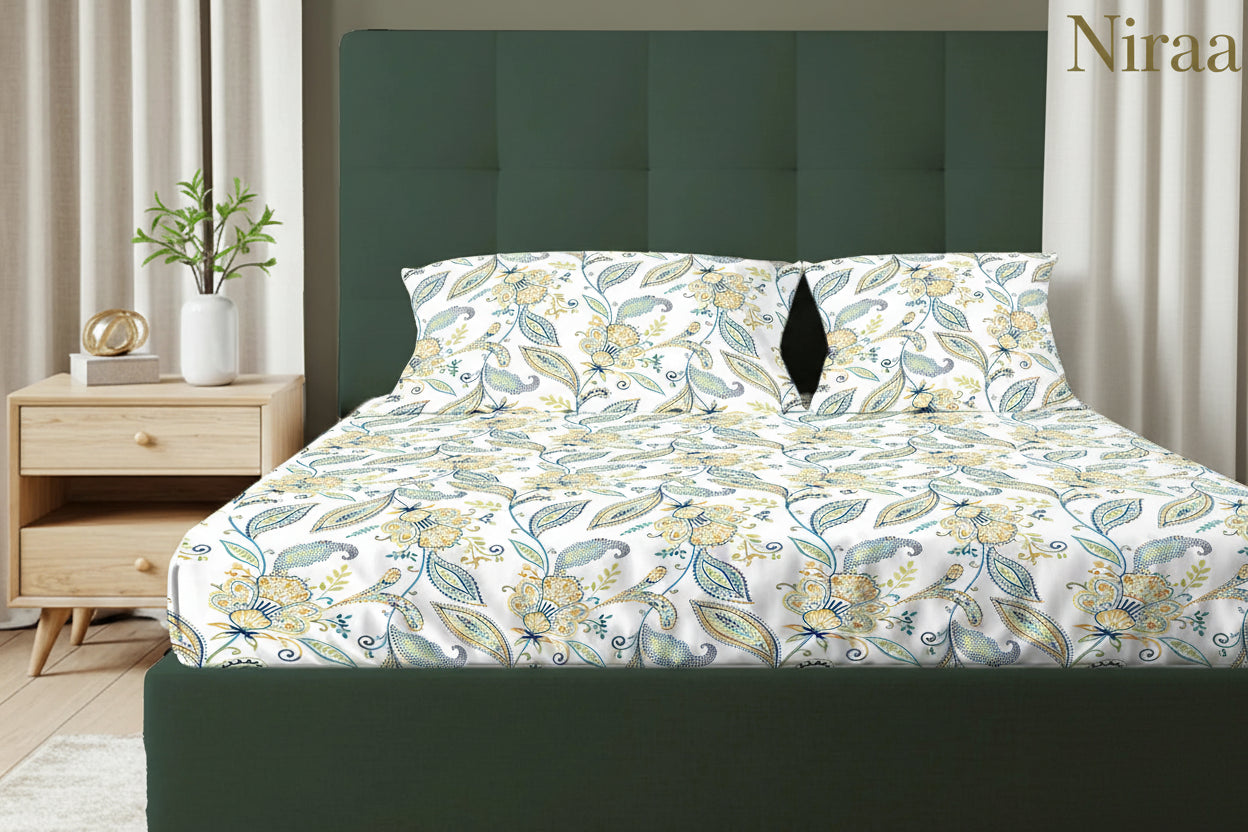 Iris Blue 00% pure cotton bedsheet set with pillow covers – NIRAA Urbanspace