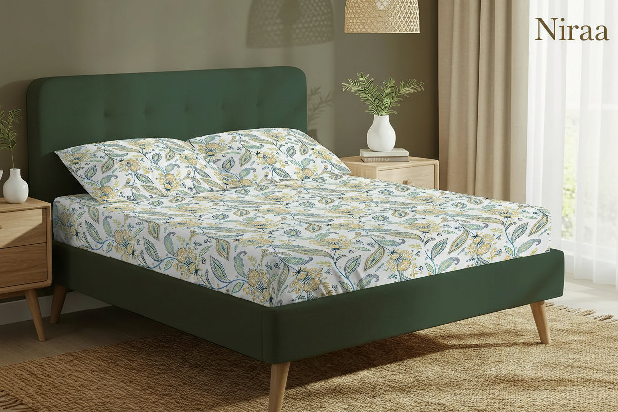 Iris Blue 00% pure cotton bedsheet set with pillow covers – NIRAA Urbanspace