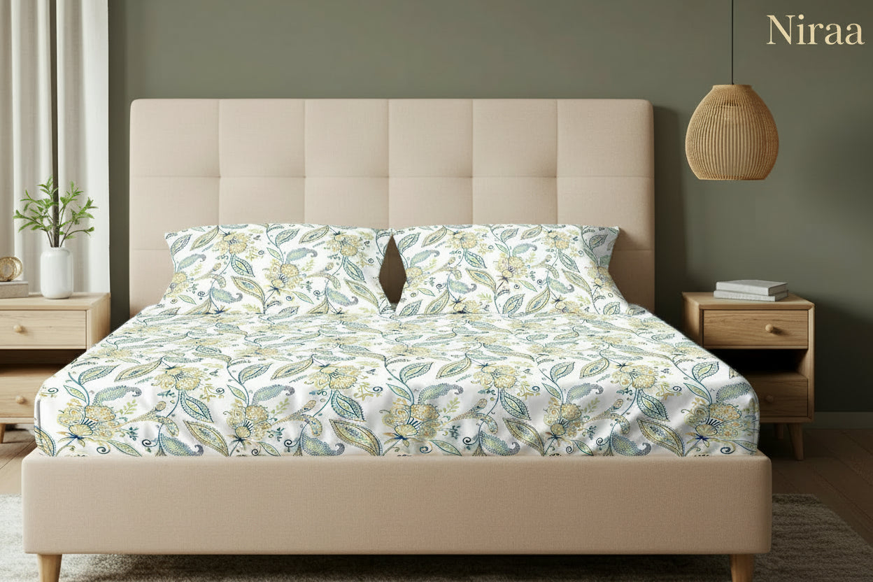 Iris Blue 00% pure cotton bedsheet set with pillow covers – NIRAA Urbanspace
