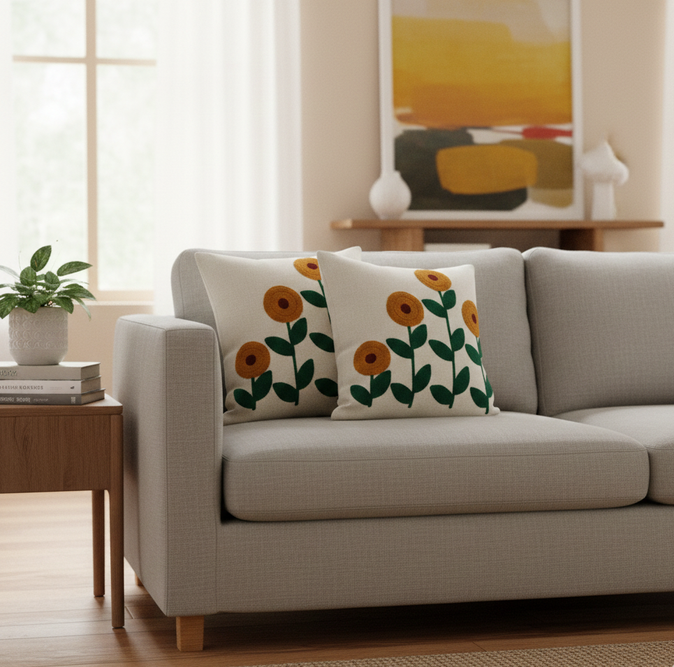 Luxury Embroidered Floral Cushion Cover – Textured Linen Decorative Sofa Pillow