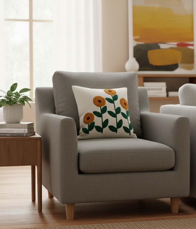 Luxury Embroidered Floral Cushion Cover – Textured Linen Decorative Sofa Pillow