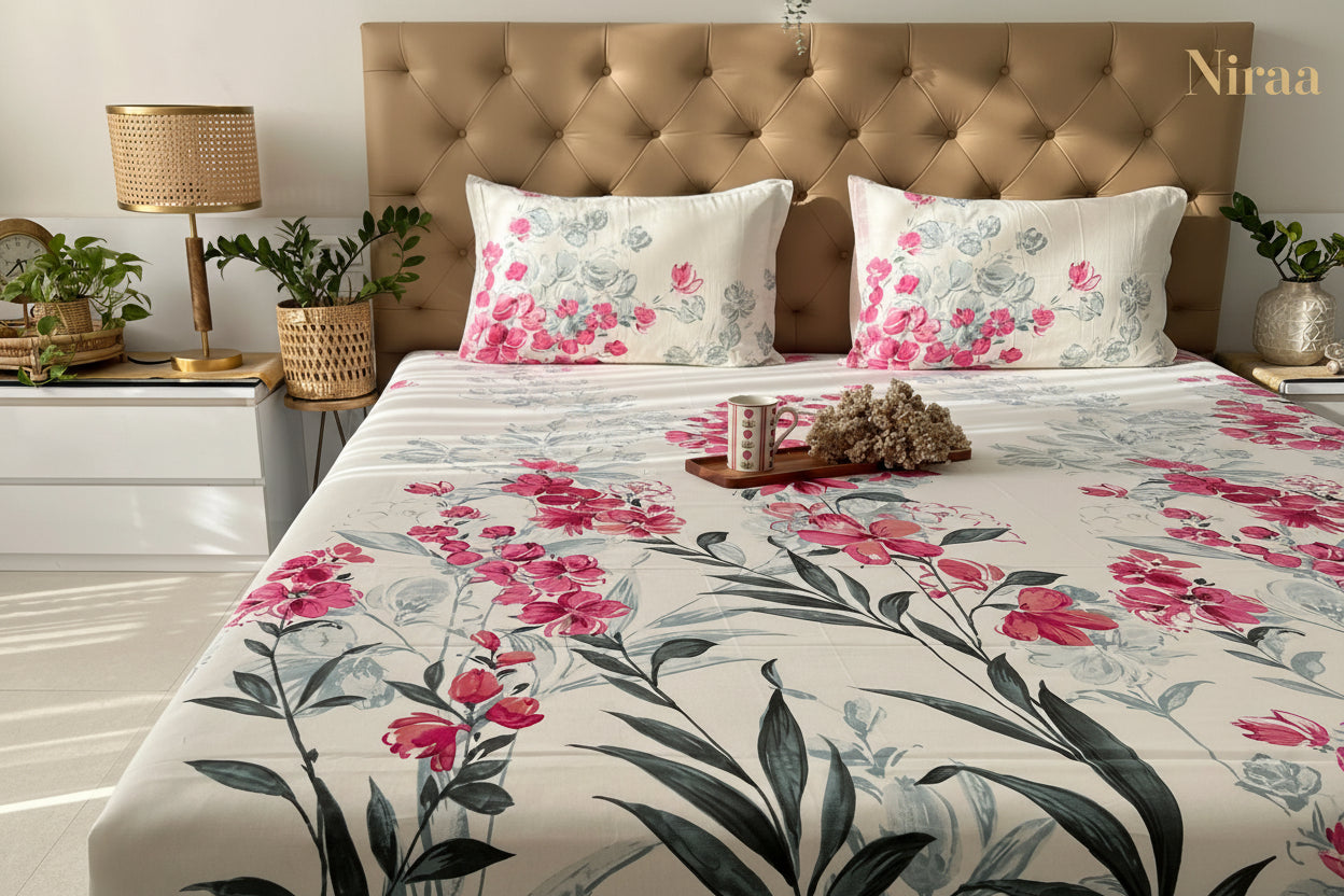 Majestic Pink  100% pure cotton bedsheet set with pillow covers – NIRAA Urbanspace