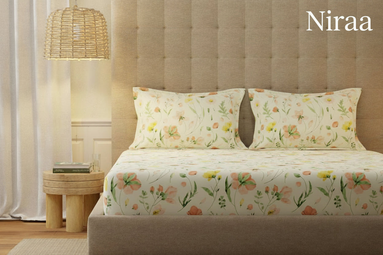 Meadows Buttercream 100% pure cotton bedsheet set with pillow covers – NIRAA Urbanspace