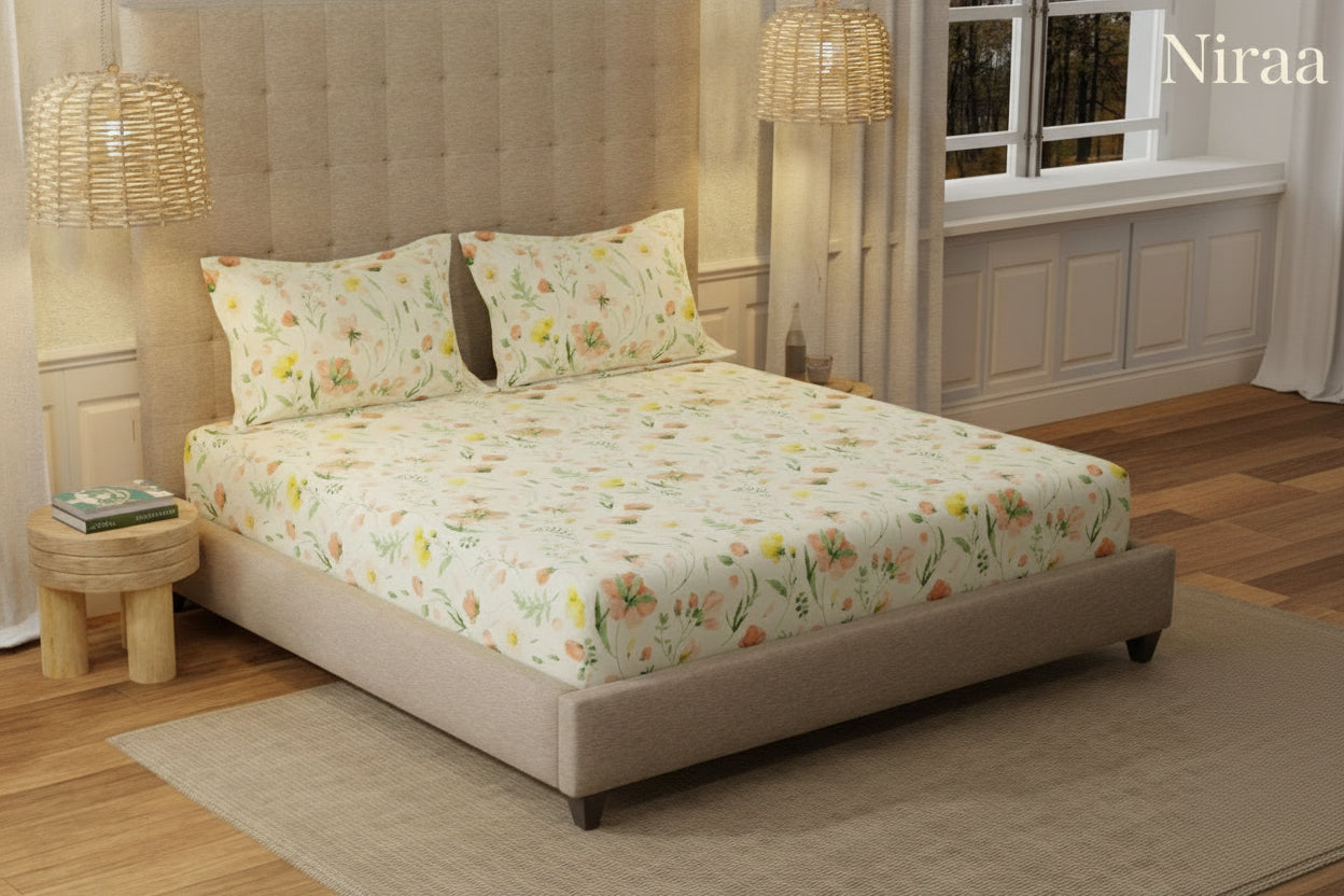 Meadows Buttercream 100% pure cotton bedsheet set with pillow covers – NIRAA Urbanspace