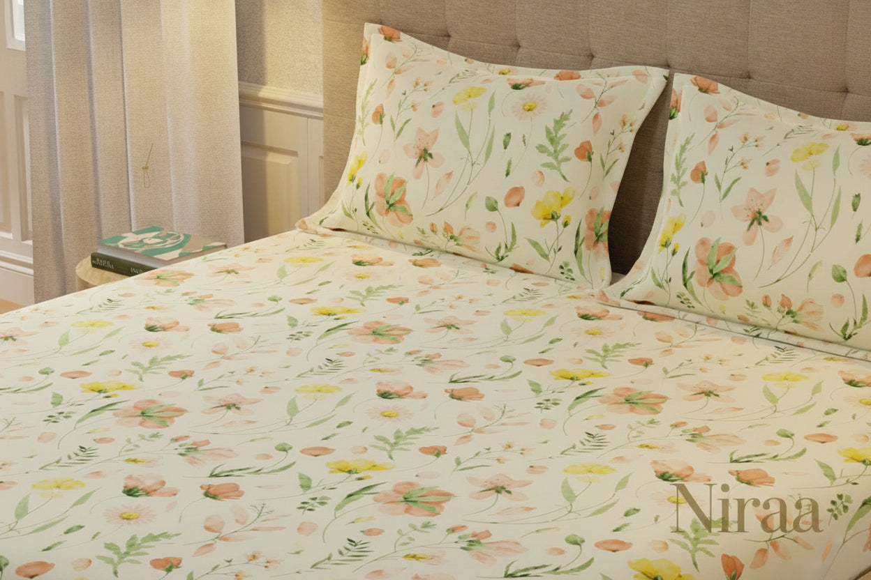 Meadows Buttercream 100% pure cotton bedsheet set with pillow covers – NIRAA Urbanspace