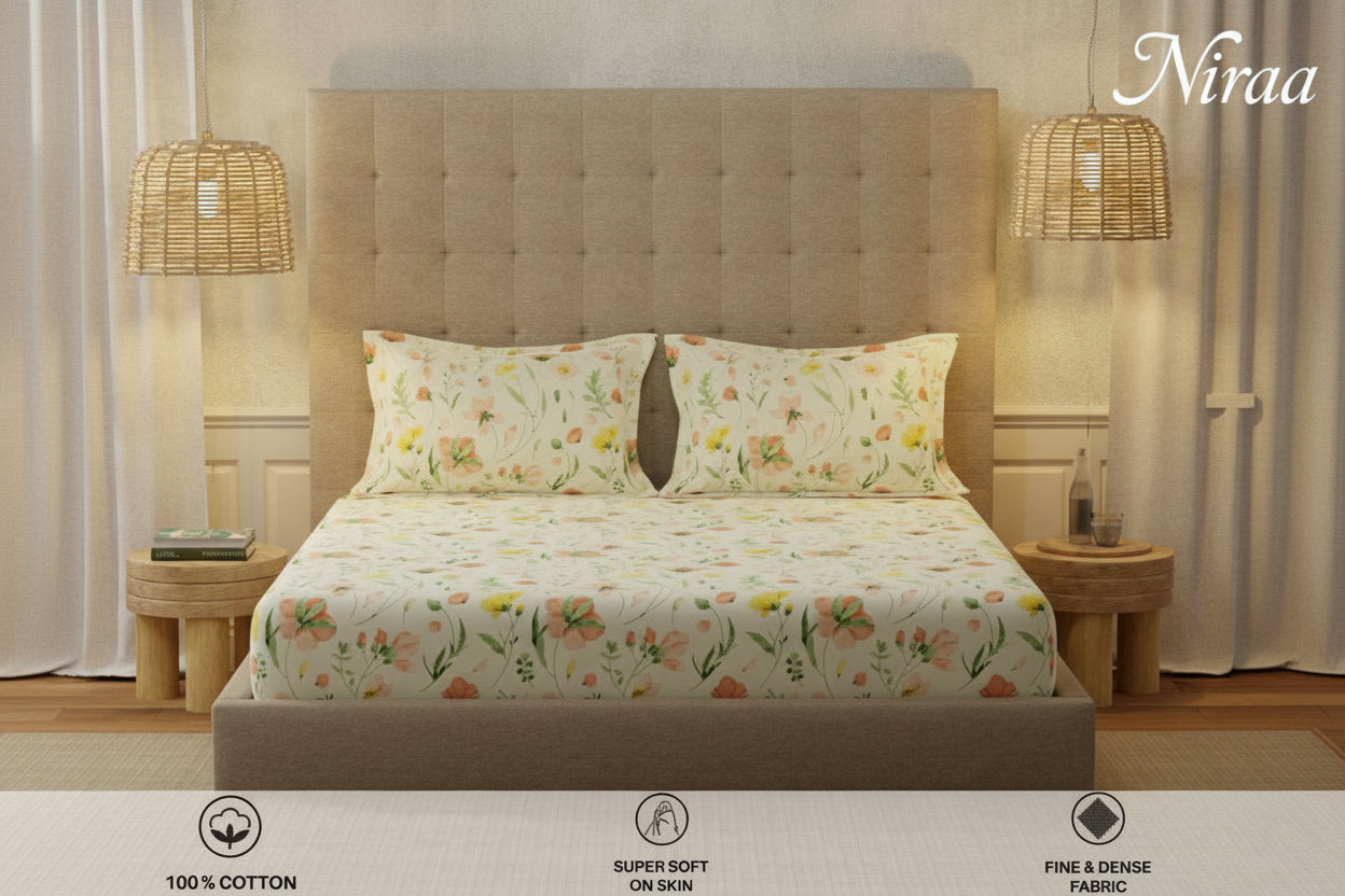 Meadows Buttercream 100% pure cotton bedsheet set with pillow covers – NIRAA Urbanspace