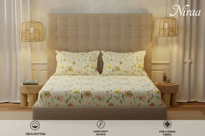 Meadows Buttercream 100% pure cotton bedsheet set with pillow covers – NIRAA Urbanspace