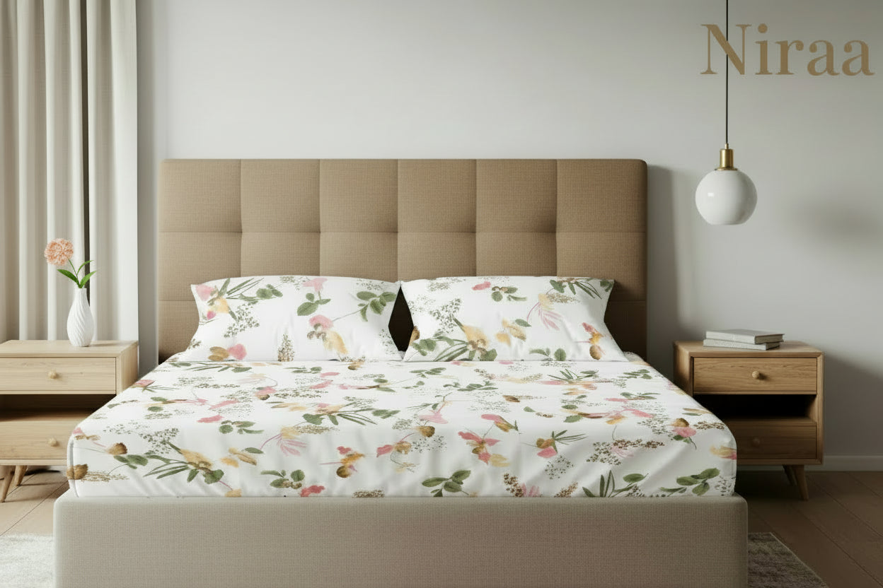 Cherry Blossom 100% pure cotton bedsheet set with pillow covers – NIRAA Urbanspace