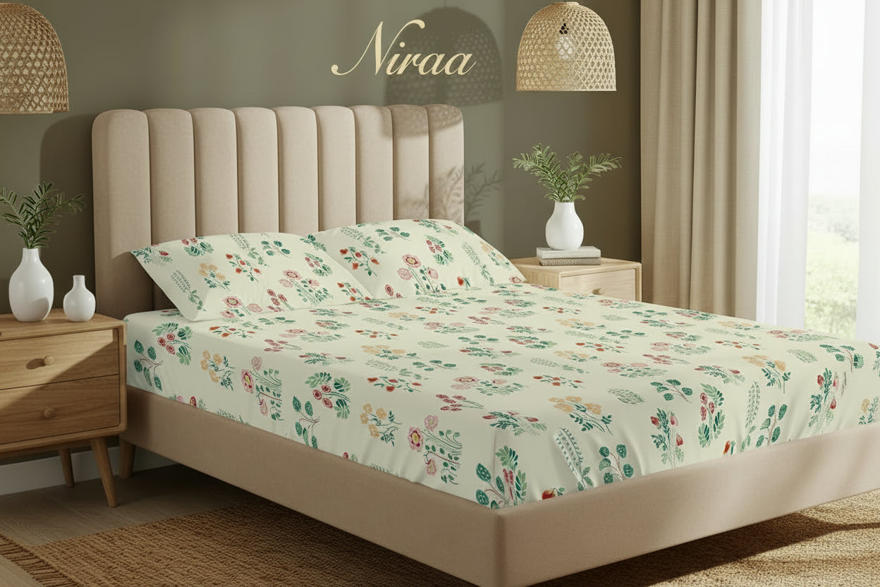 Eden Cream 100% pure cotton bedsheet set with pillow covers – NIRAA Urbanspace