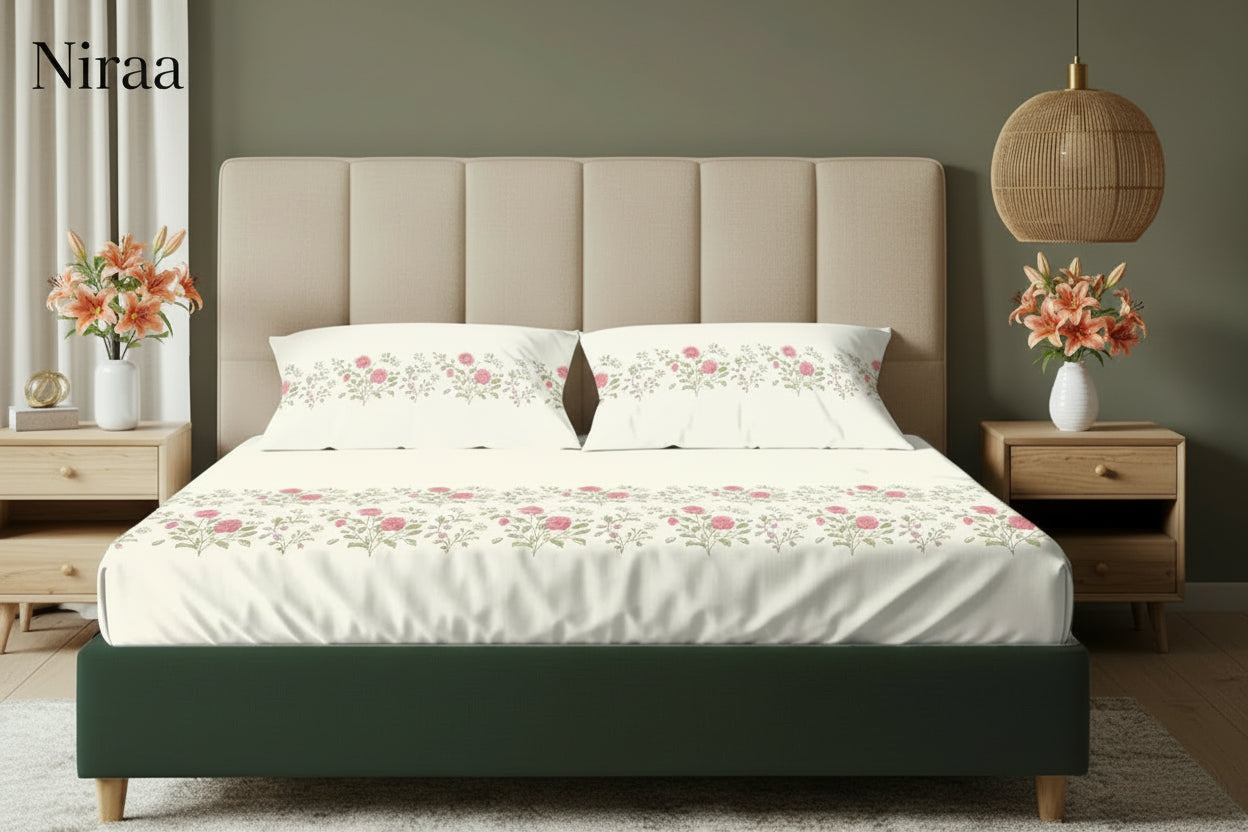 Poppy Bloom 100% pure cotton bedsheet set with pillow covers – NIRAA Urbanspace