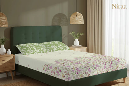 Serene Garden Sage Green 100% pure cotton bedsheet set with pillow covers – NIRAA Urbanspace