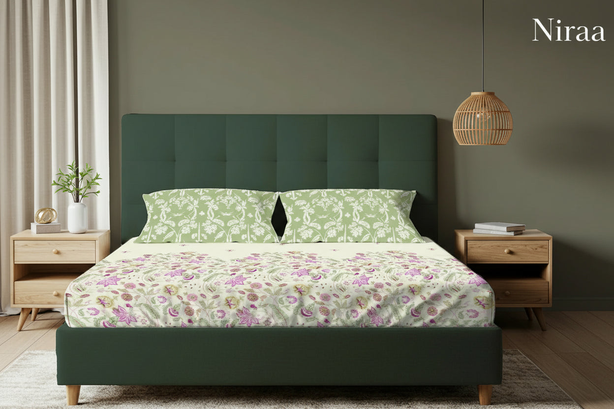 Serene Garden Sage Green 100% pure cotton bedsheet set with pillow covers – NIRAA Urbanspace